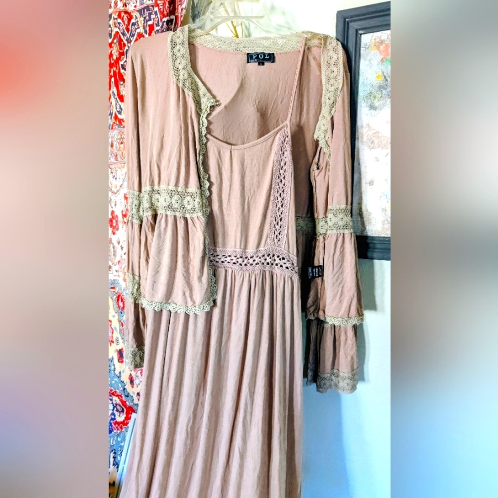 POL TAN CROCHET TIERED MAXI DRESS & JACKET COMBO NWT'S